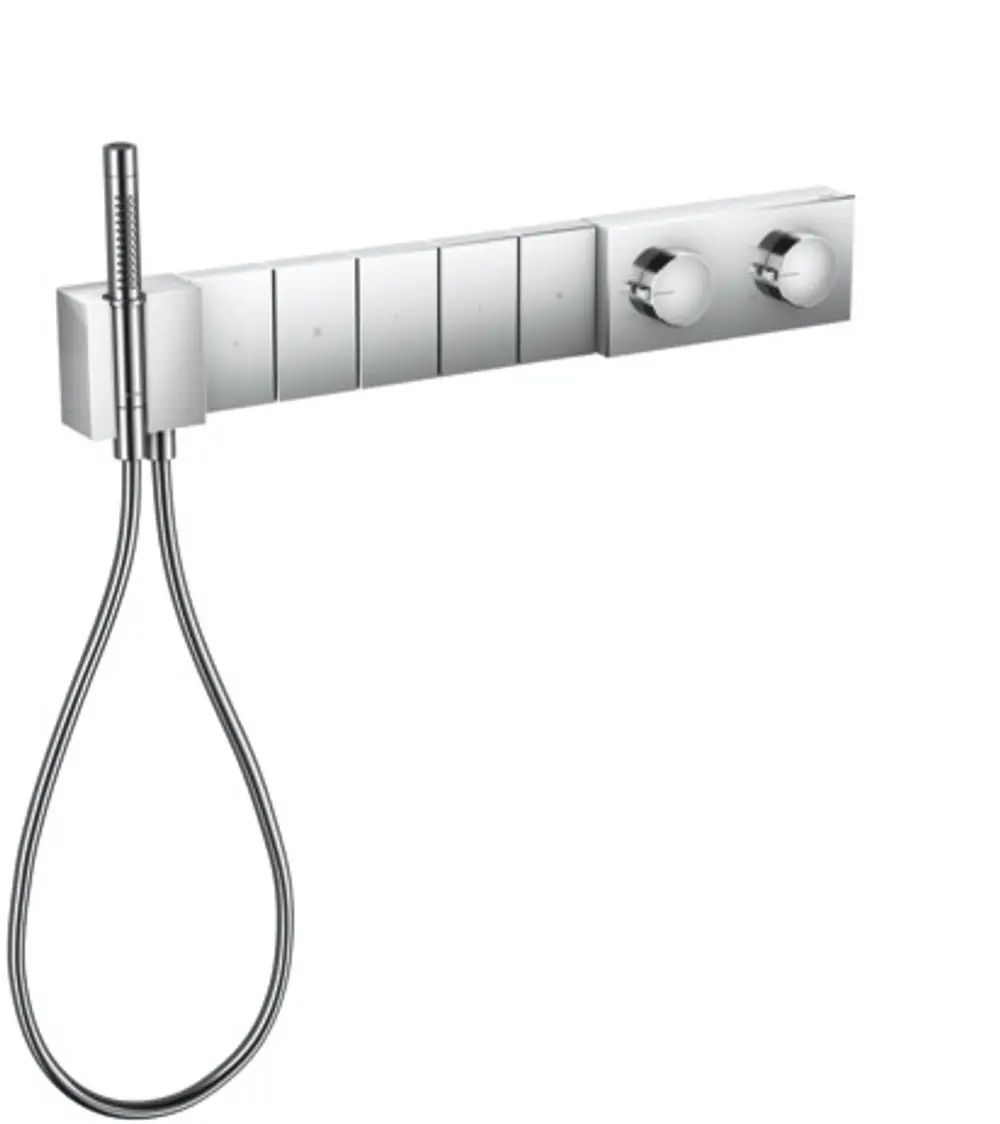 Thermostatmodul mit zwei Bedienelementen und Handbrause, eingebaut, aus verchromtem Material, von AXOR, geeignet für die Steuerung von fünf Verbrauchern.